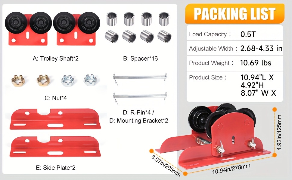 VEVOR Electric Hoist Manual Trolley - 1 Ton Capacity For I-Beams