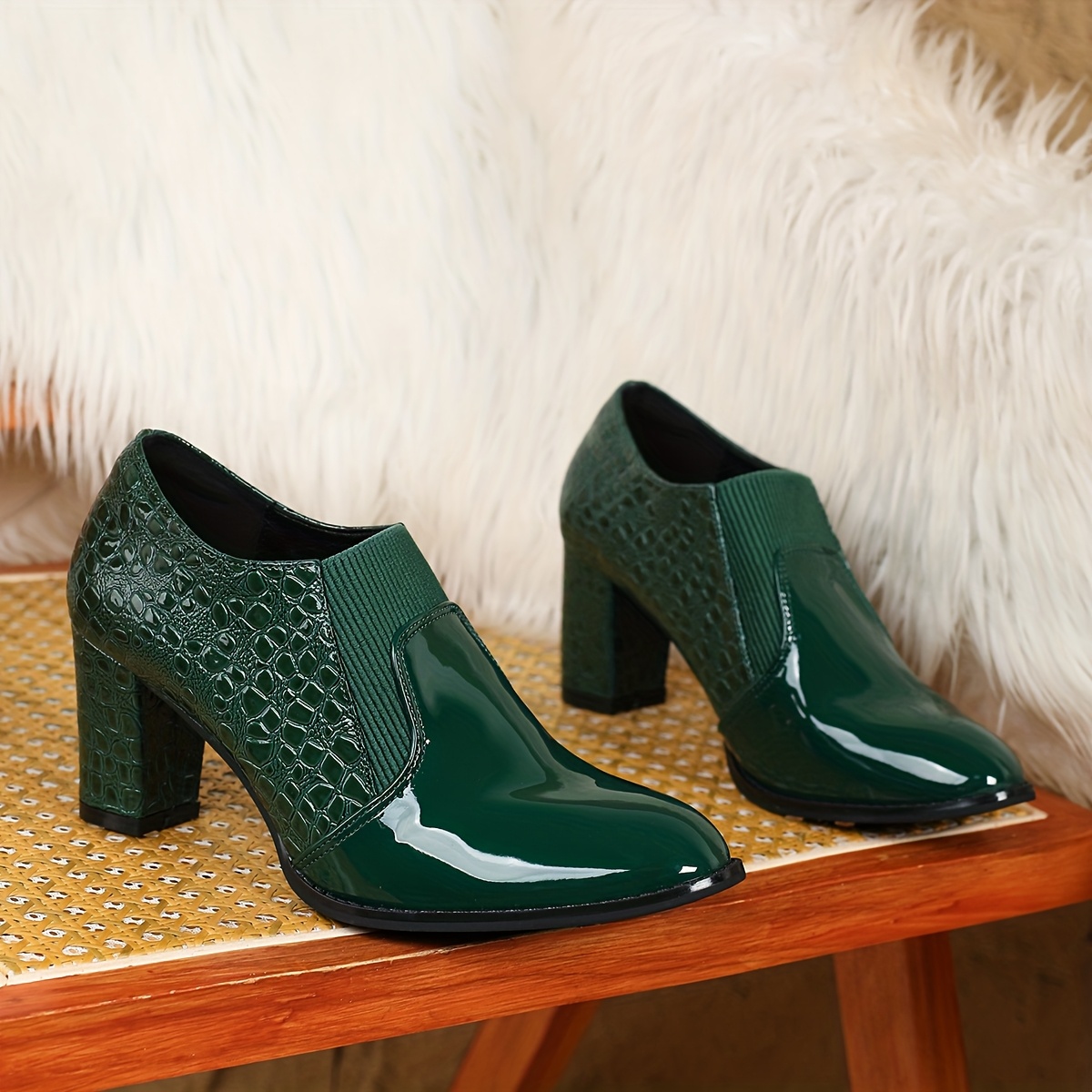 Women's Chunky Block Heel Slip-On High Heels - Round Toe Faux s, All-Season PU & Sole, Solid Color White//Black/Navy/Beige - Wedding, Office, Party, Everyday Elegant Footwear