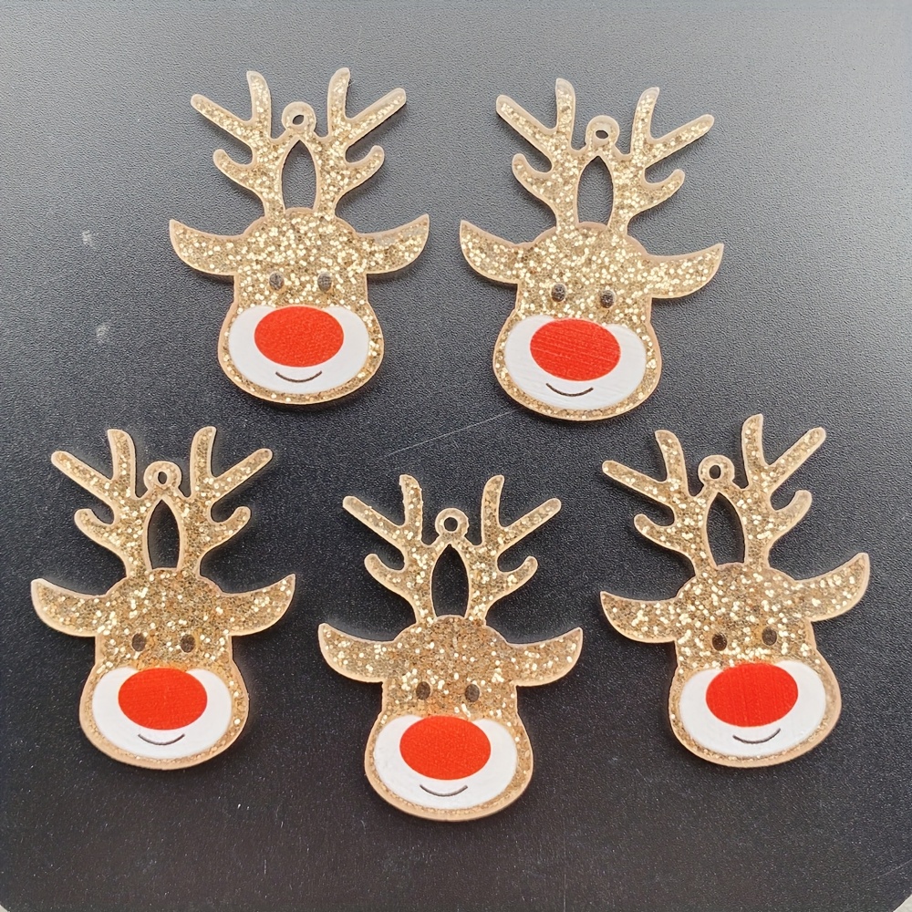 8pcs Acrylic Colorful Glitter Rainbow Golden Cartoon Christmas Deer Head Flat Back Miniature Pattern Applique With 1 Hole Pendant For Decor Art Jewelry Making Additions Crafts