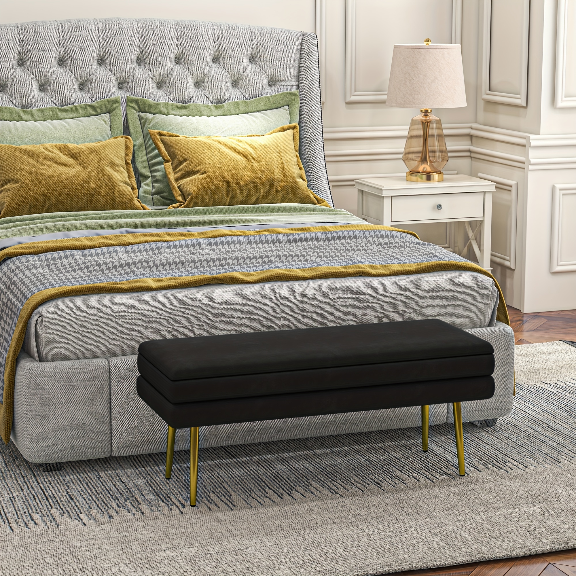 TEMU Banc de rangement HOMCOM, banc de bout de lit rembourré en velours avec pieds dorés, banc avec rangement pour salon, entrée, chambre à coucher,