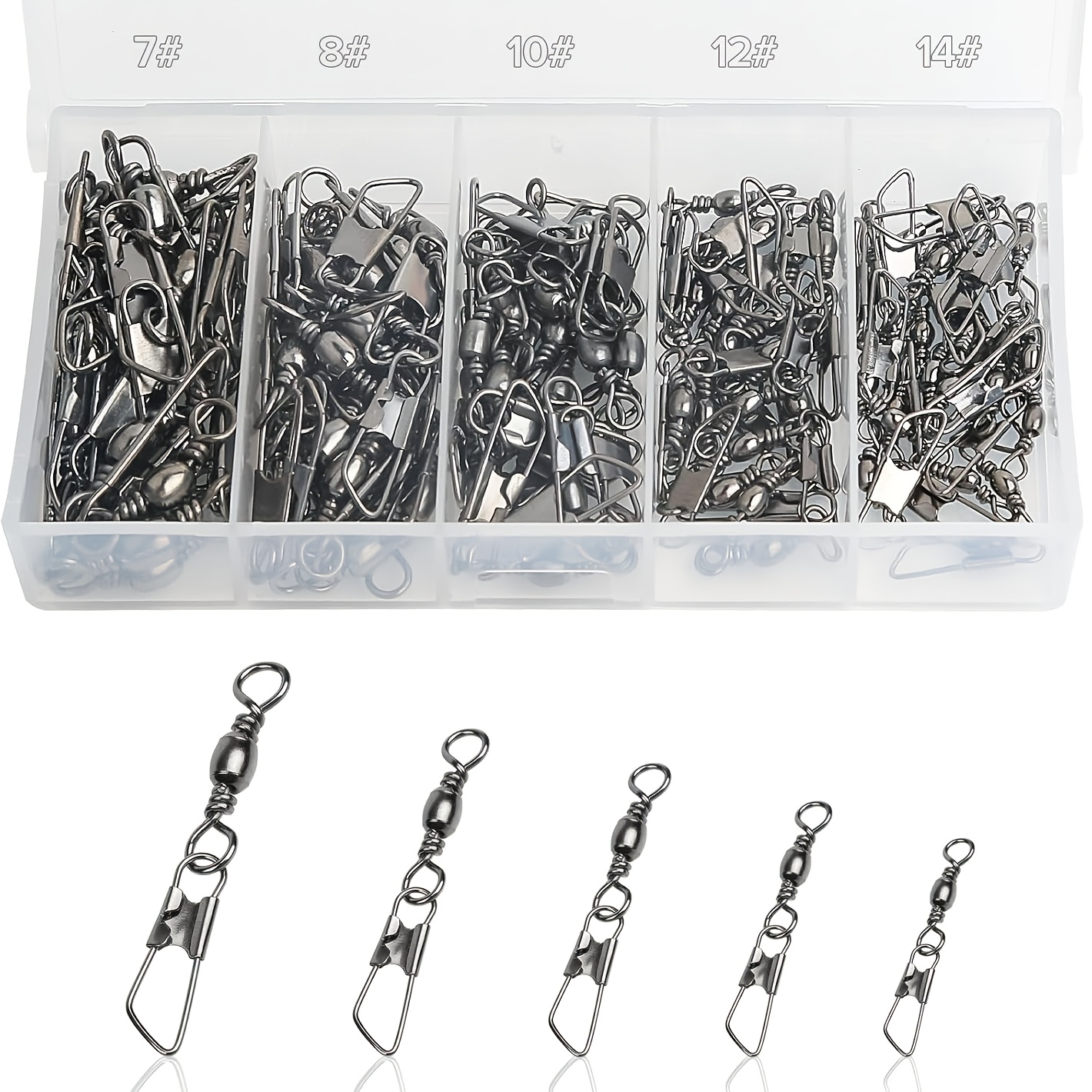 200pcs Of Fishing Swivels And Clips, Including Safety Snaps And Rolling Swivels, Designed For Quick And Connecting Hooks To Lines In Sea Fishing. In Sizes 7#, 8#, 10#, 12#, And 14#