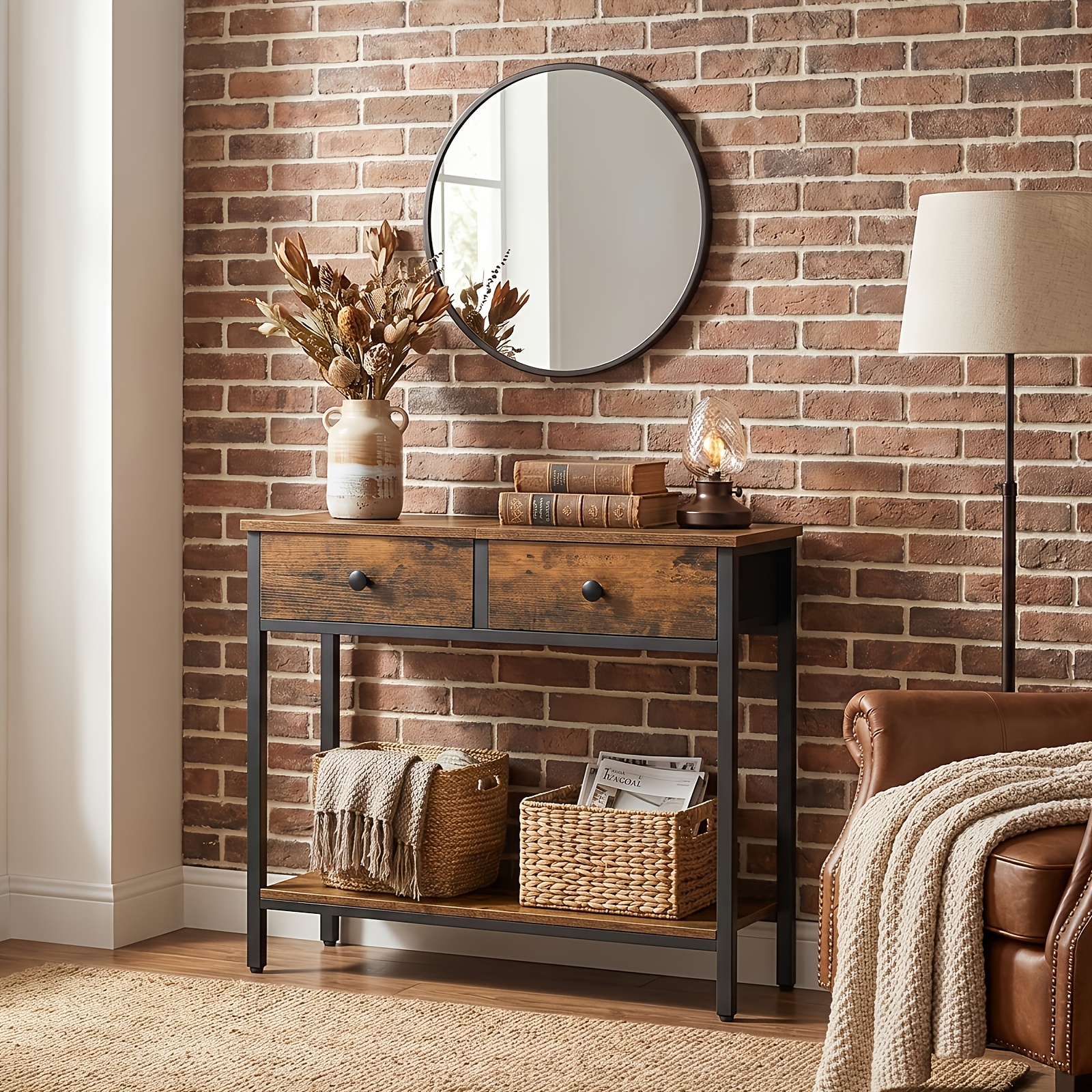 TEMU Console Table, Narrow Side Table With 2 Fabric Drawers, 75 Cm Hall Table, Industrial Style Sofa Table, For Entrance Area, Living Room, Hallway, And Black