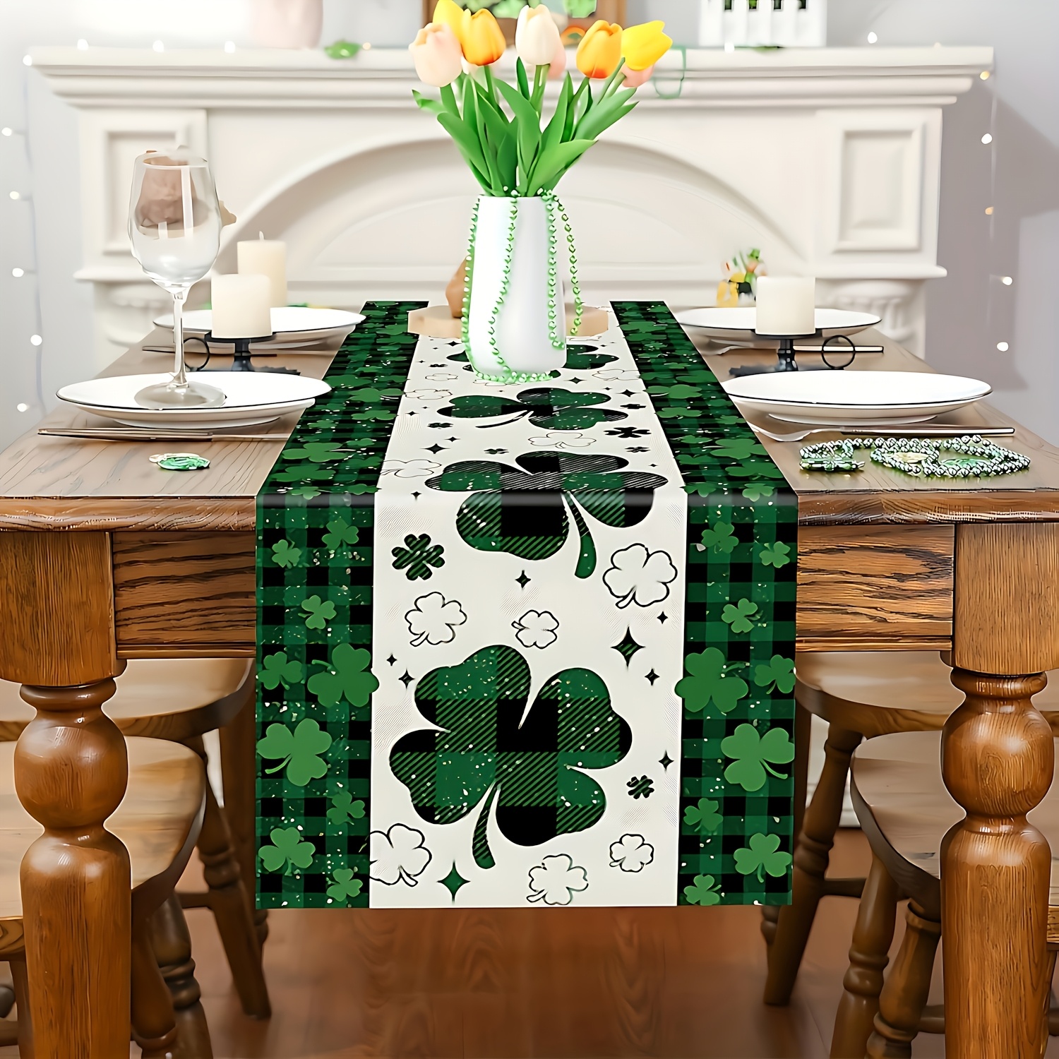 TEMU 's Day Table Runner | Durable Polyester With Clover And Pattern, Rectangular Design For Dining Tables, Coffee Tables, Party Decorations