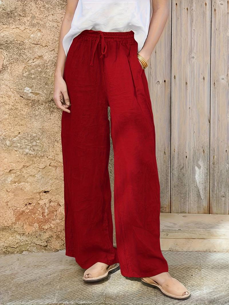 Pantalon Femme Jambe Large En Lin - Cordon De Serrage Rouge - Léger Et Confortable, Idéal Pour été, Yoga, Plage Ou Look Décontracté
