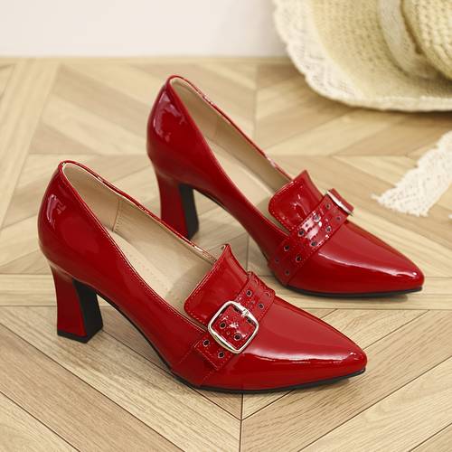 womens retro high heel pumps glossy red pointed toe summer shoes with chunky block heel synthetic cover tpu sole for casual formal occasions casual attire heels secure closure