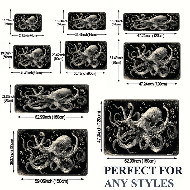 TEMU 2d Mat 1pc, Vintage Style Flannel Octopus Floor Mat With Artistic Marine Illustration, Soft And Durable Anti-slip Surface, Perfect For