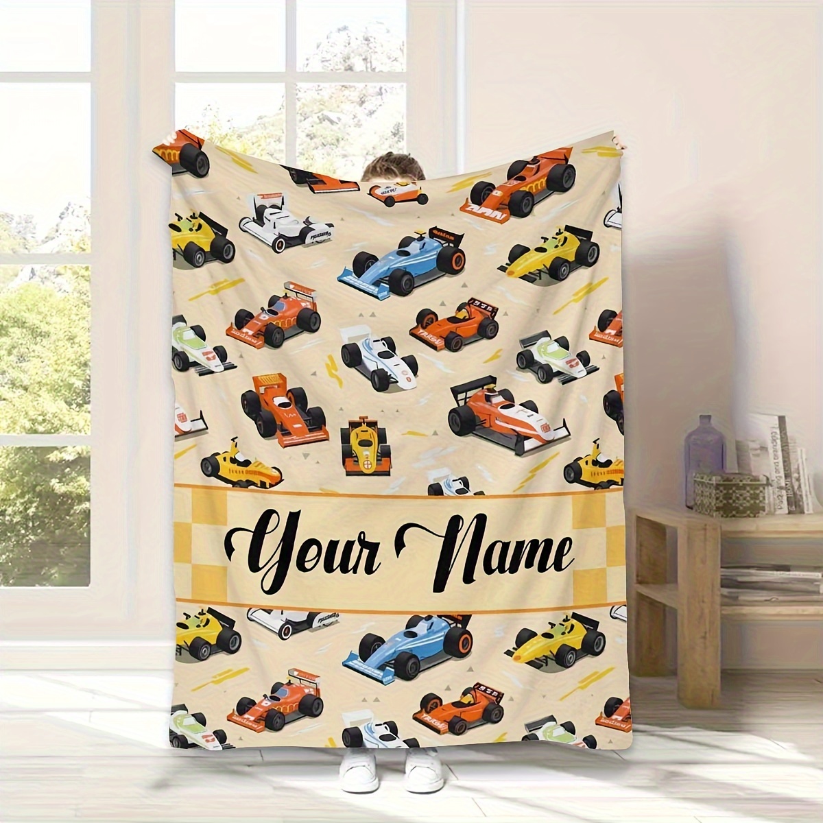 

Customizable Car Pattern Throw Blanket With Personalized Name - Contemporary Style, Machine Washable, Knitted Polyester, Multipurpose For Sofa, Bed, Travel, Camping, Living Room, Office - Mixed Color