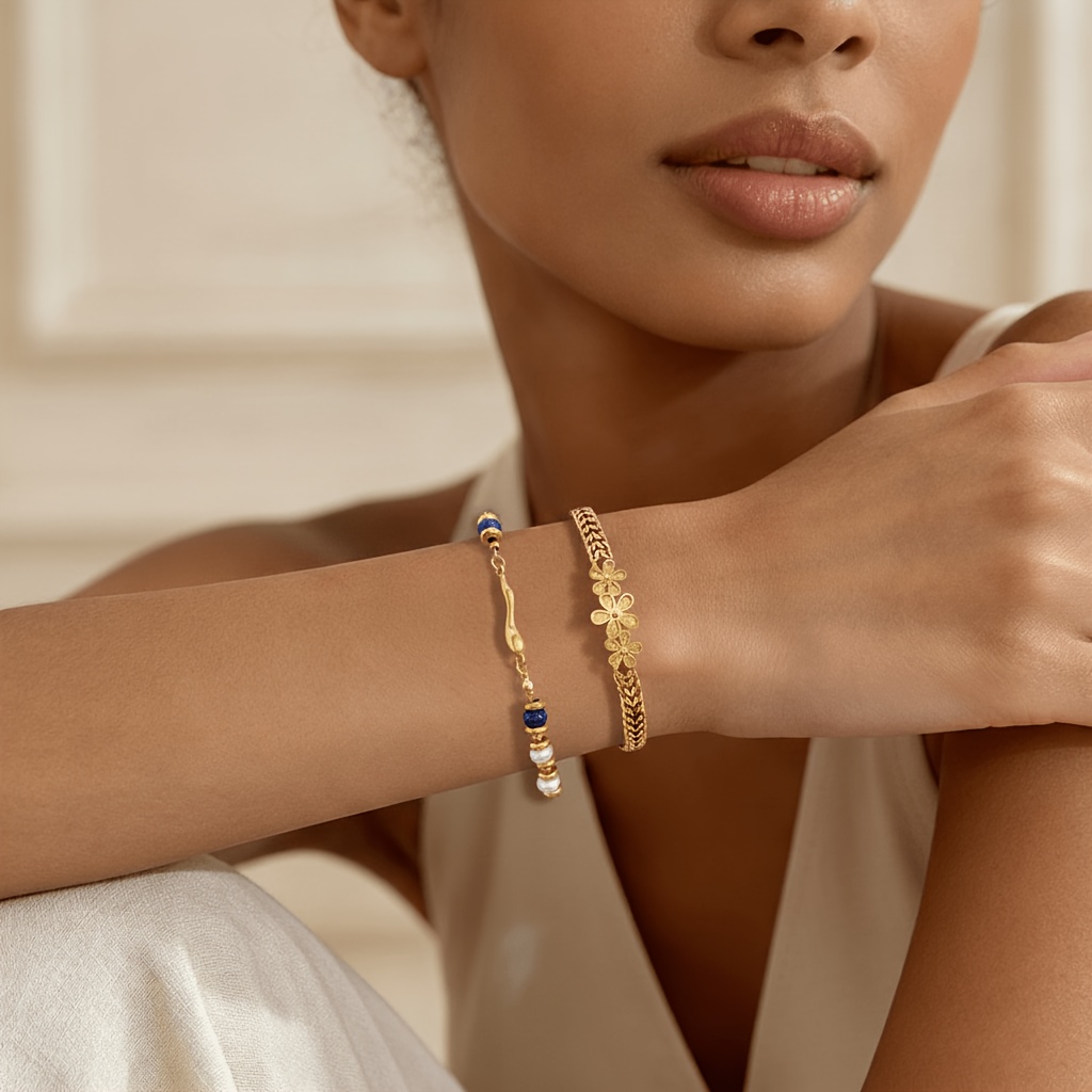 2pcs Vintage Double-Layer Chain Bracelet Set with Blue Stone