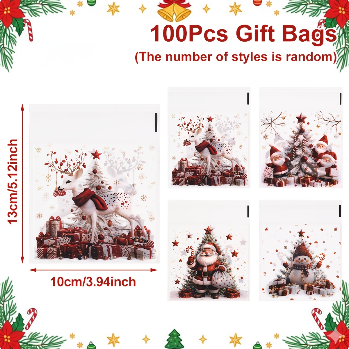 TEMU 50/100pcs, Vintage Christmas Gift Bags(random Style), Christmas Tree Santa Claus Snowman Reindeer Design Bags, Merry Christmas Party Decoration,