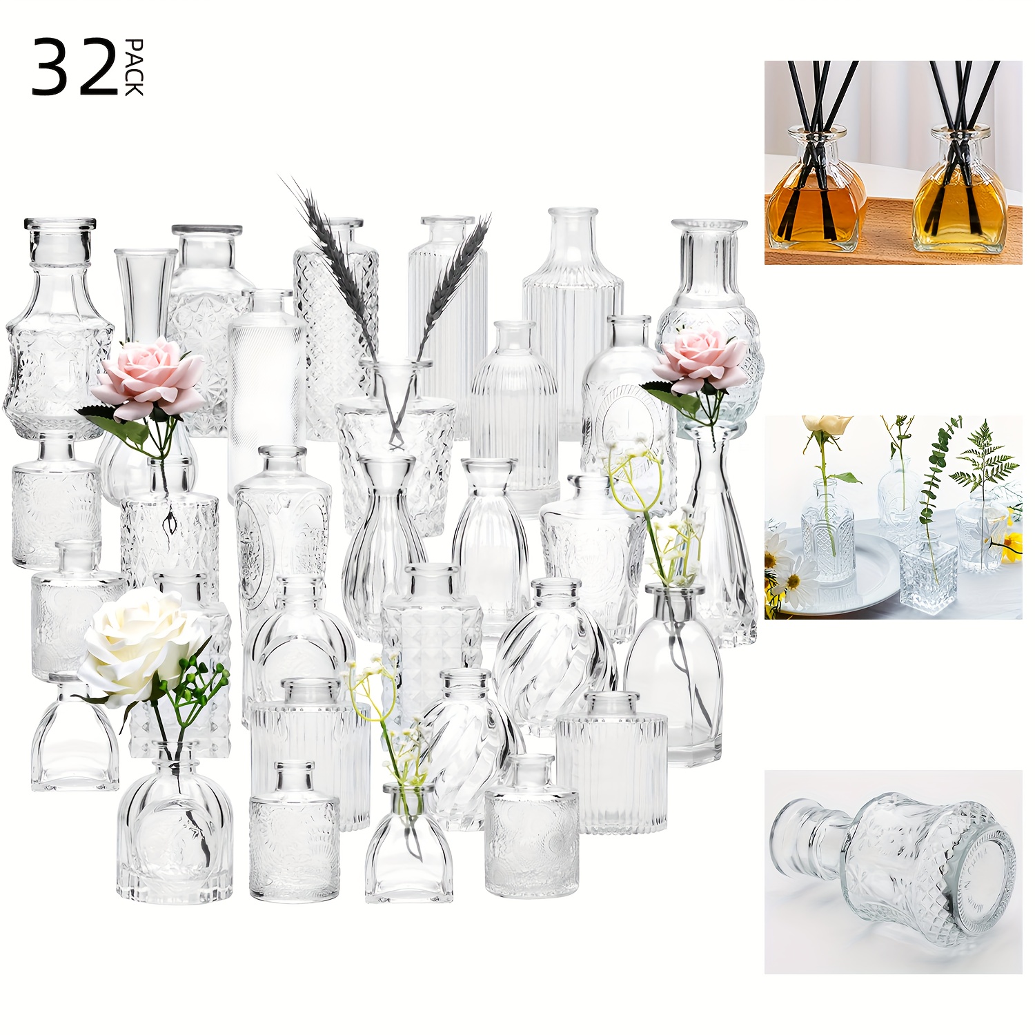 

Set Of 32 Clear Vases For Flowers, Small Vintage Glass Bottles For Rustic Wedding Centerpieces And Home Decor