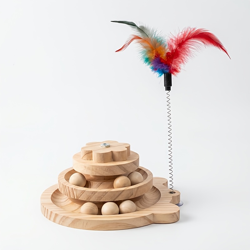 Solid Wood Cat Teaser Ball Track Toy - Interactive Toy, 3-tier Wooden Cat Track Toy With Spring Teaser, Featuring Natural Dyed , Without Battery