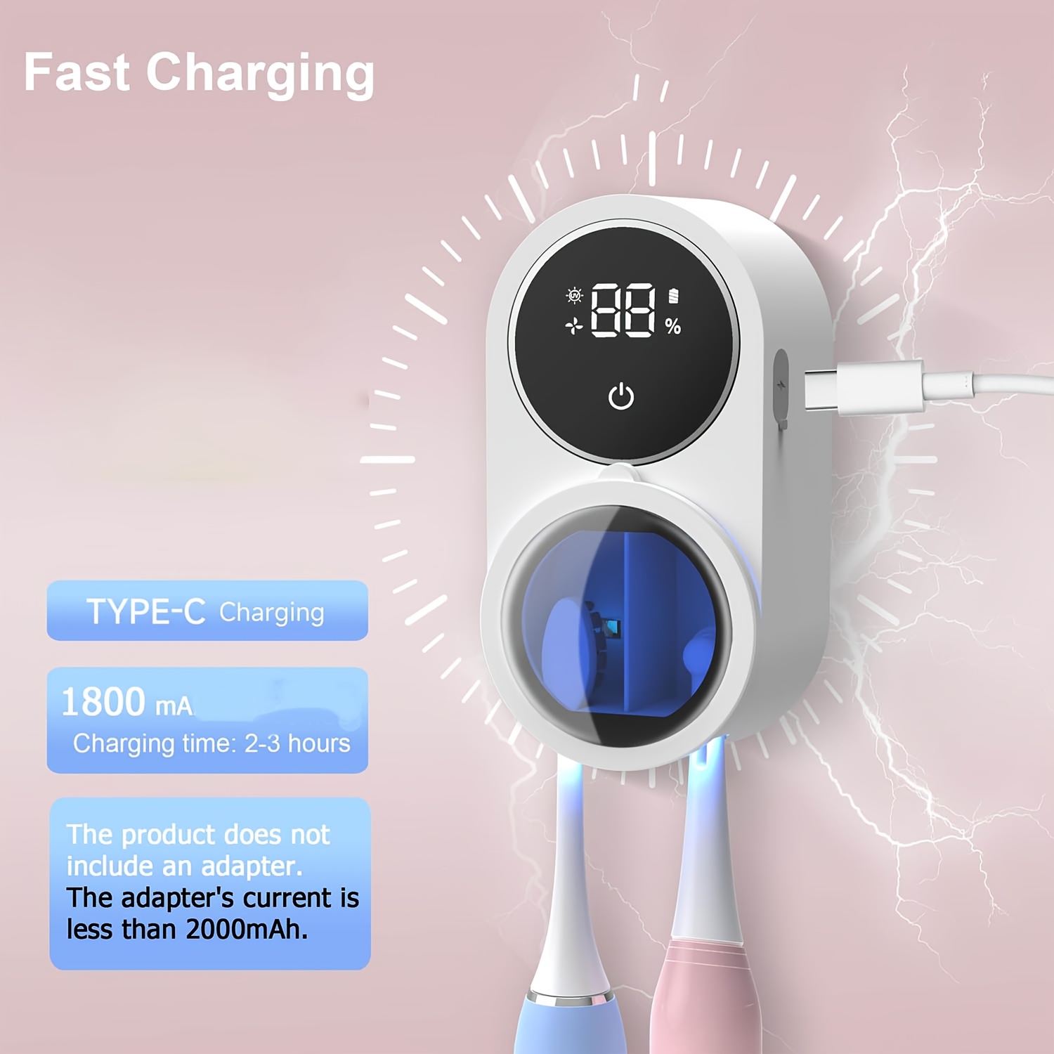 2 slot toothbrush sanitizer with led display 24h air dry usb powered wall mounted traceless removal compatible for   rotary manual dental brushes   hygienic storage usb powered for office bathroom Product details 3