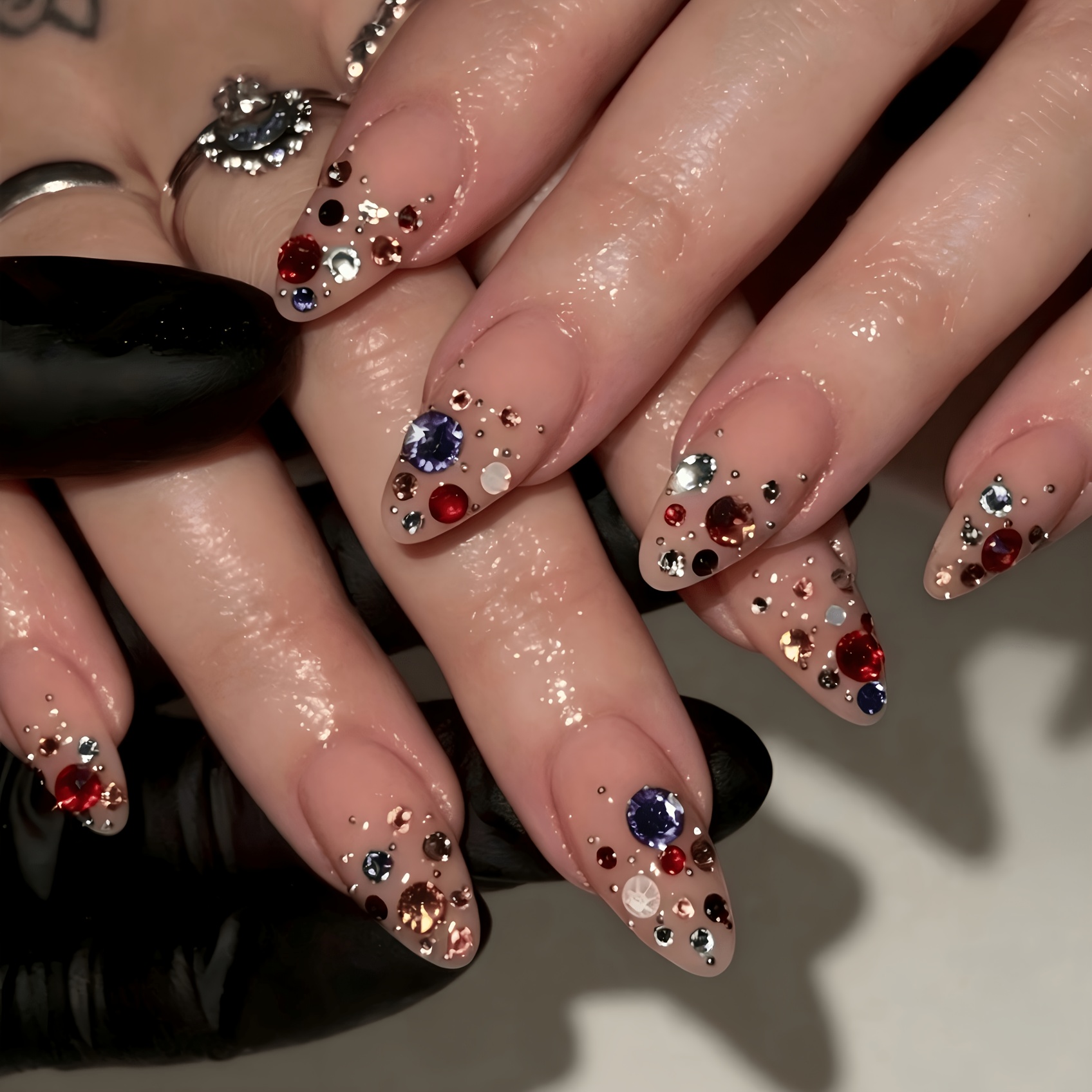 TEMU 24pcs Set Of Elegant And Luxurious Retro Street Colorful Rhinestone Decorated Medium Almond-shaped Wearable Nails Fake Finger Set, Instantly