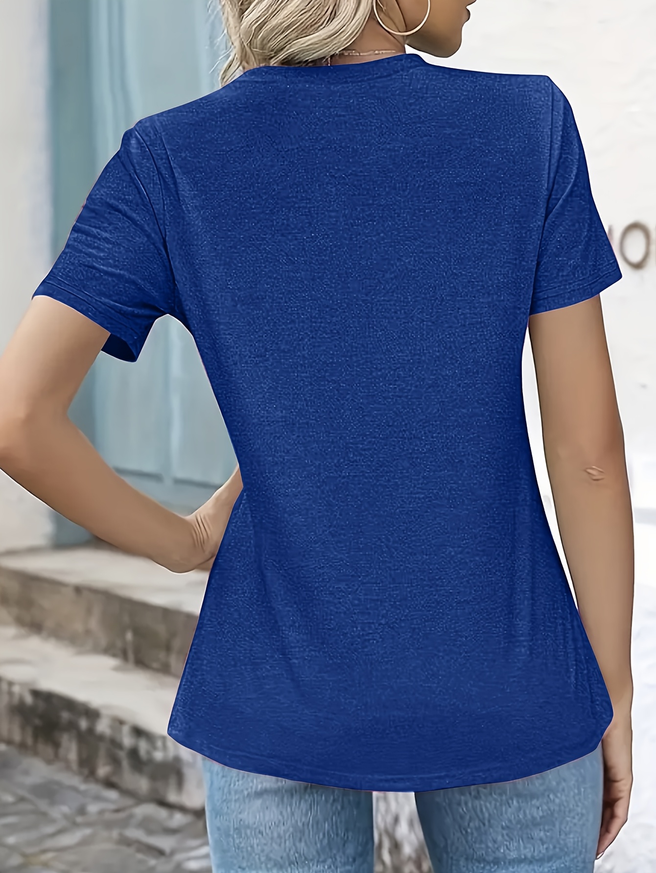 Women'S Casual Summer T-Shirt - Solid Color, Round Neck, Short Sleeve, Comfortable Loose Fit, Dark Blue, Polyester Blend, Machine Washable, Casual Summer Wear | Round Neck Tshirt | Texture