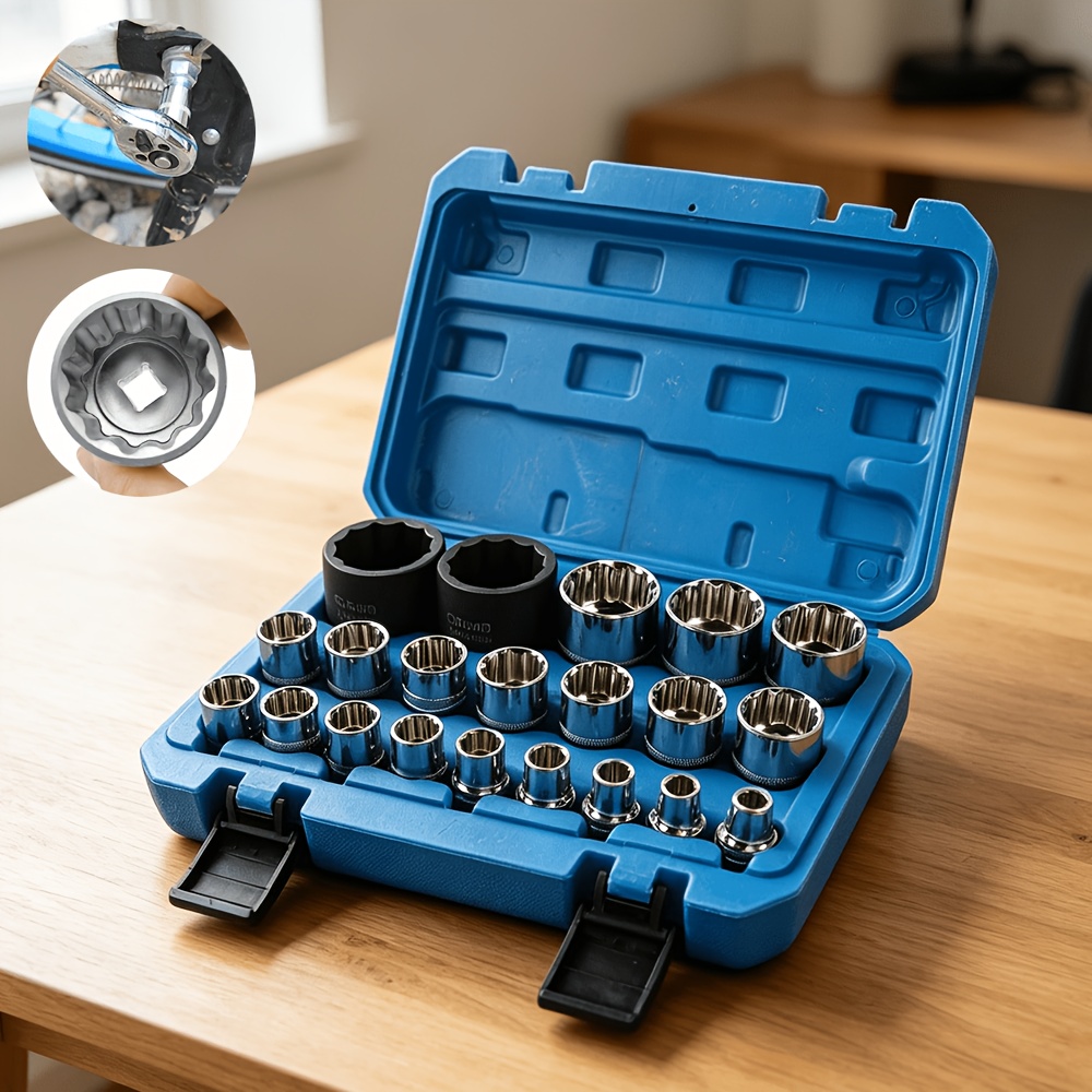 TEMU 1 Set 21-teiliges Steckschlüssel-Set für Außenzubehör mit mehreren Zähnen, 8-36 mm Steckschlüssel, 12 Klingen, 1/2 Zoll