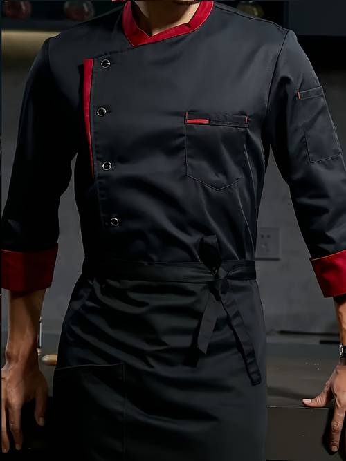 herren kochjacke mit brusttasche, formelle farbe block lange ärmel knopfverschluss stehkragenmantel für küche backen chef arbeiten im restaurant