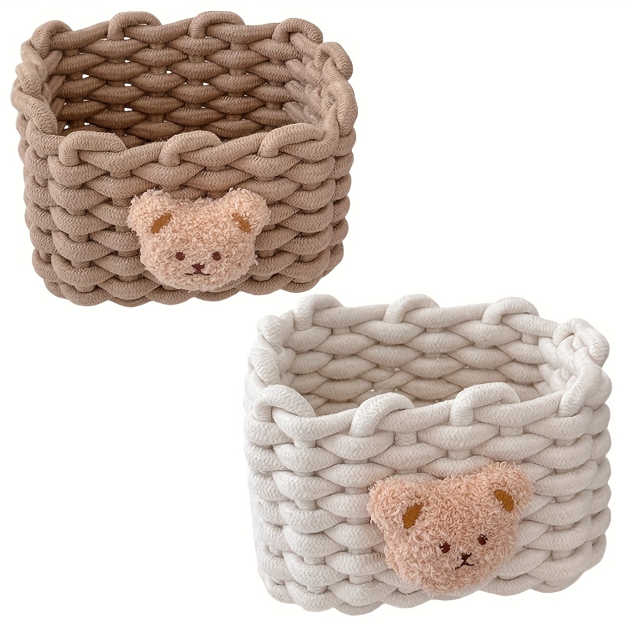 2pcs Cute Little Bear Small Storage Decorative Basket Rope Woven Shelf Basket For Little Items, Cute Box Organize, Shelf Baskets