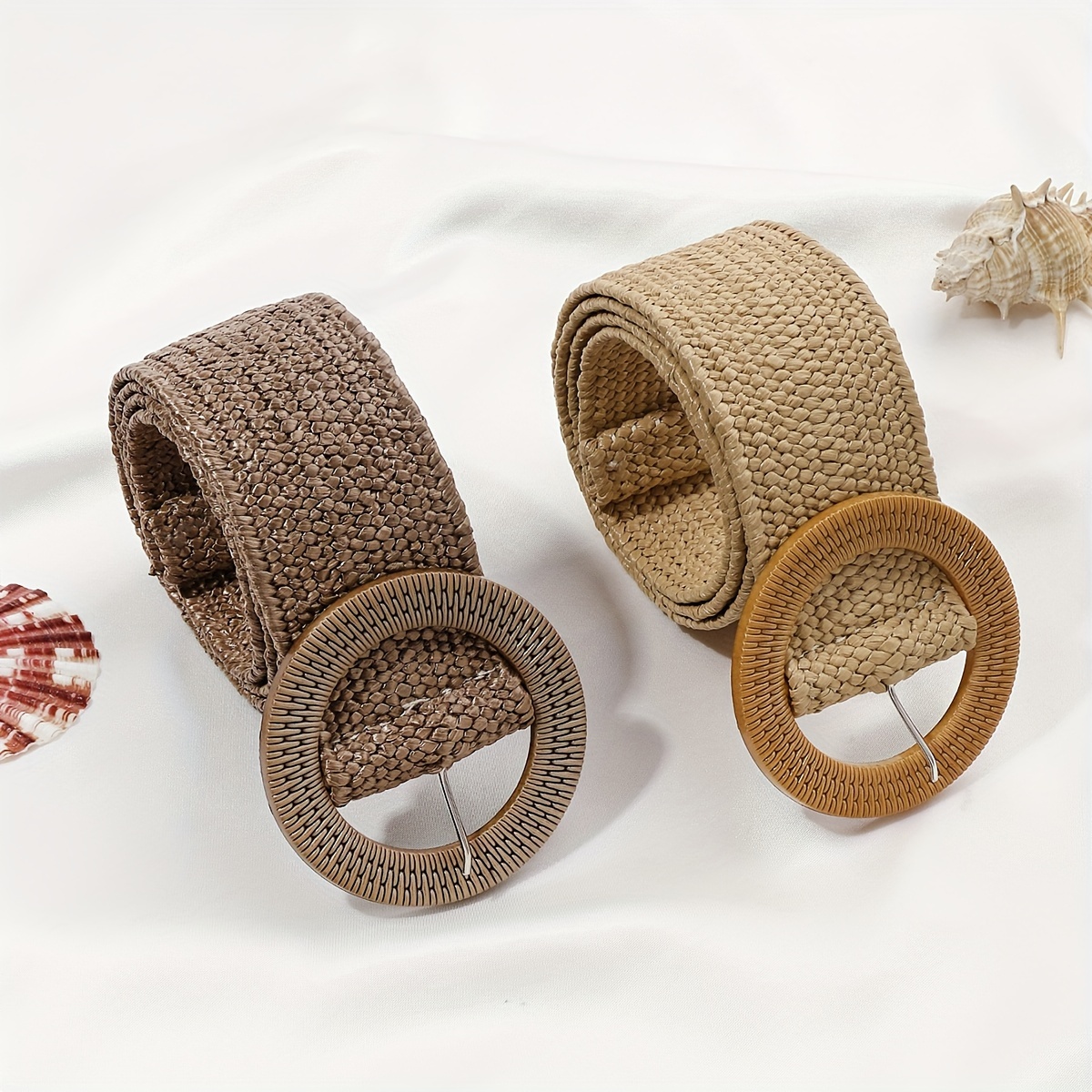 

2pcs Round Pin Buckle Straw Woven Belt Casual Stylish Braided Belt Outdoor Boho Style Belts For Women