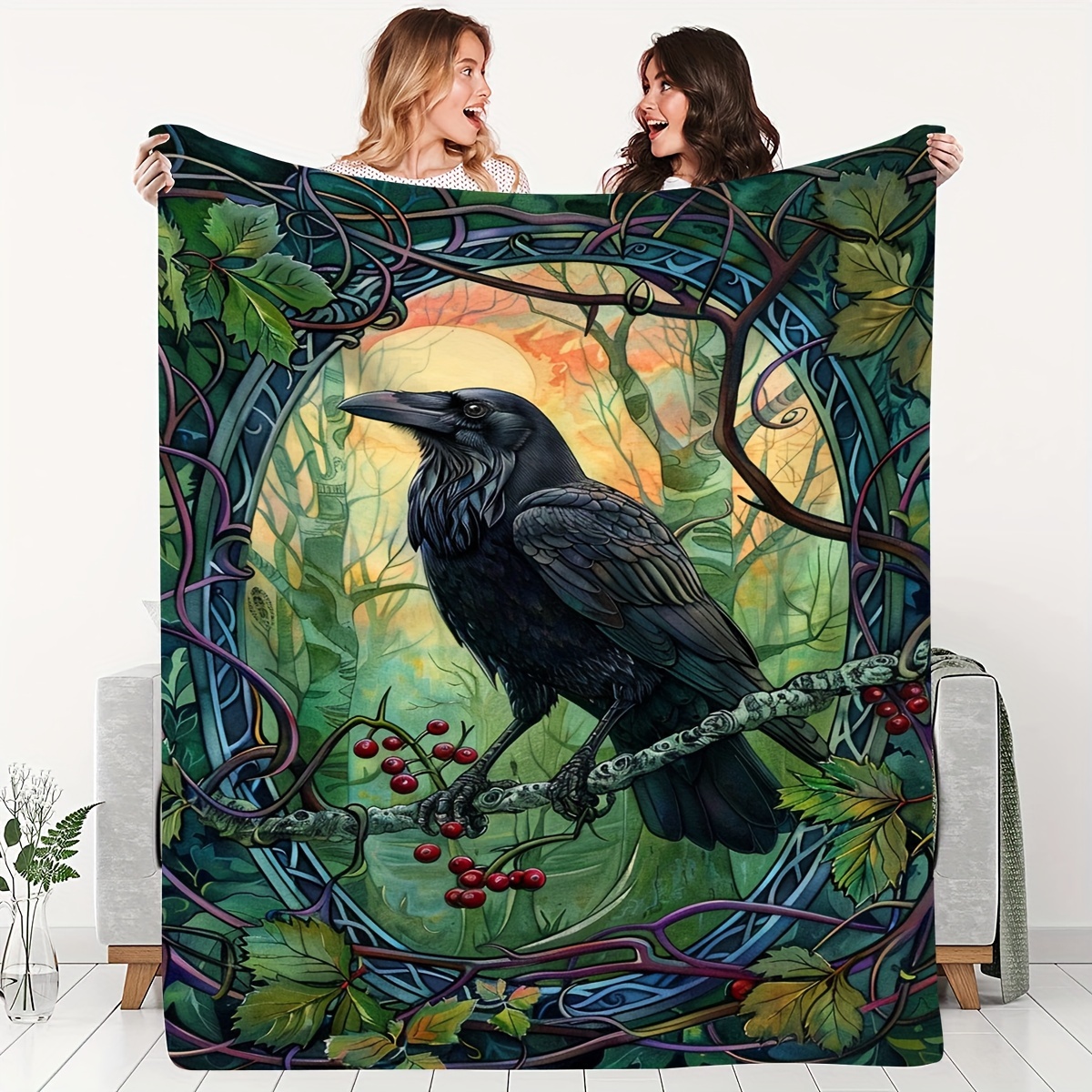 

Industrial Style Knitted Polyester Throw Blanket With Artistic And Cherry Branch Design - All Seasons Cozy Flannel Fleece, Animal Themed With Intricate Patterns And Embellishments