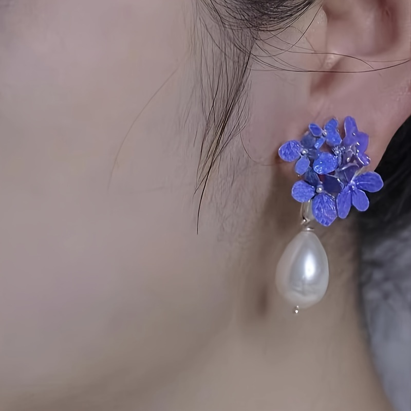 

Faux Pearl Pendant Exquisite Purple Flower Design Dangle Earrings Elegant Style Delicate Female Earrings