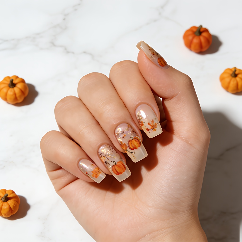 TEMU Mid-length, Square-shaped, Detachable Press-on Nails, Golden, Glossy, New Style, Cute, Small Pumpkin Design, Semi-transparent, Nail Art Pieces,