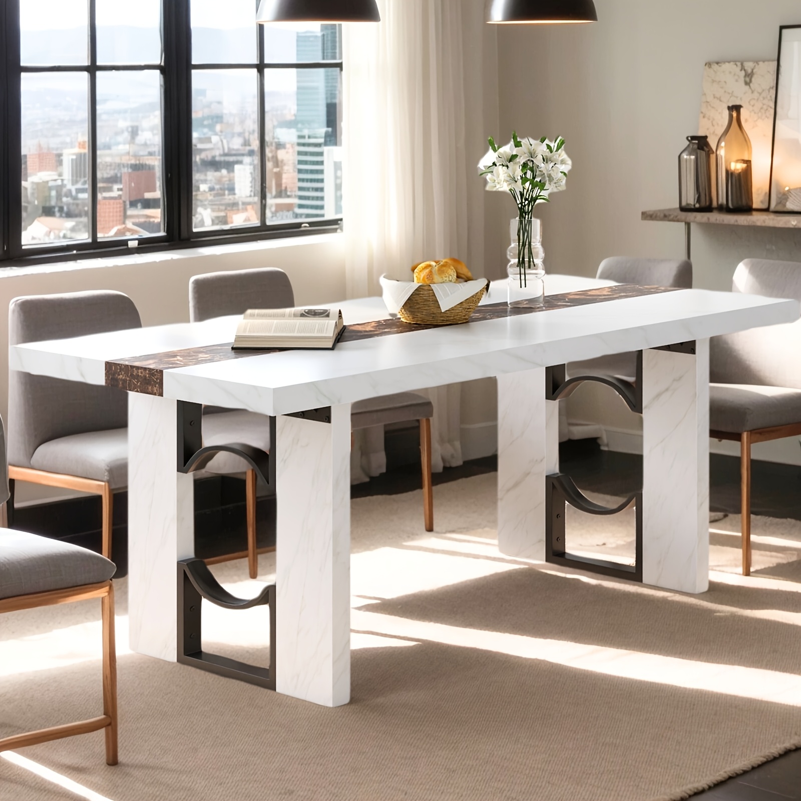 Modern Large Dining Table Suitable for 6-8 People - 71-Inch/6-Foot Rectangular Kitchen Table with Marble Tabletop, MDF &, Easy Assembly - Luxury Dinner Table for Family Meals & Entertaining