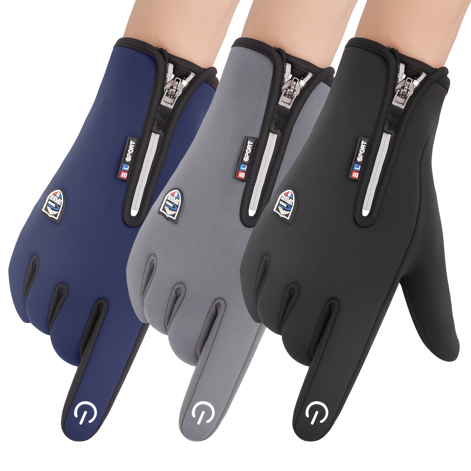 

Winter Gloves - Touchscreen Compatible, Anti-slip, Waterproof & For Cycling, Skiing, Travel - Navy Blue, Gray, Black With Zipper Closure