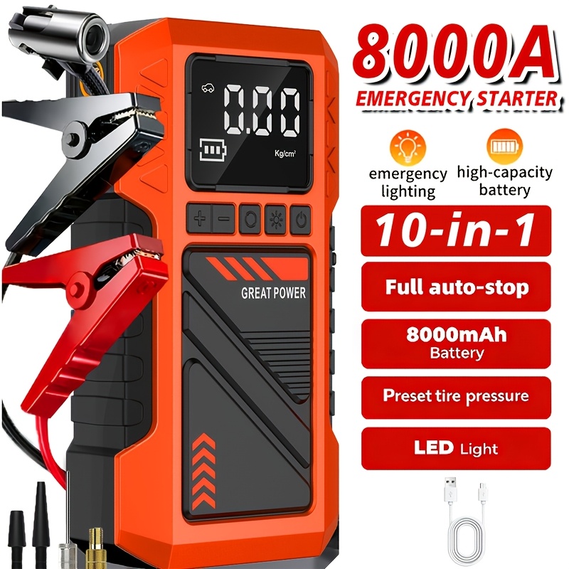 TEMU 8000a Car Battery Charger, 180psi Digital Tire Inflator, 10-in-1 Car Jump Starter, 12v Jumper Cables And Connecting Wires, 3 Led Flashlight, Sos