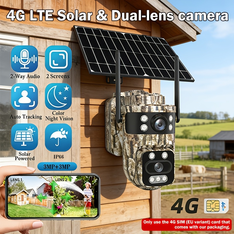 360-Degree Low-Power Solar Security Camera, 4G LTE Surveillance Camera - No WIFI Needed, Comes with a 4G SIM Card, 3MP QHD Dual-Lens View, Automatic Tracking And Message Push Features, Remote Monitoring Via Mobile Phone, Color Night Vision