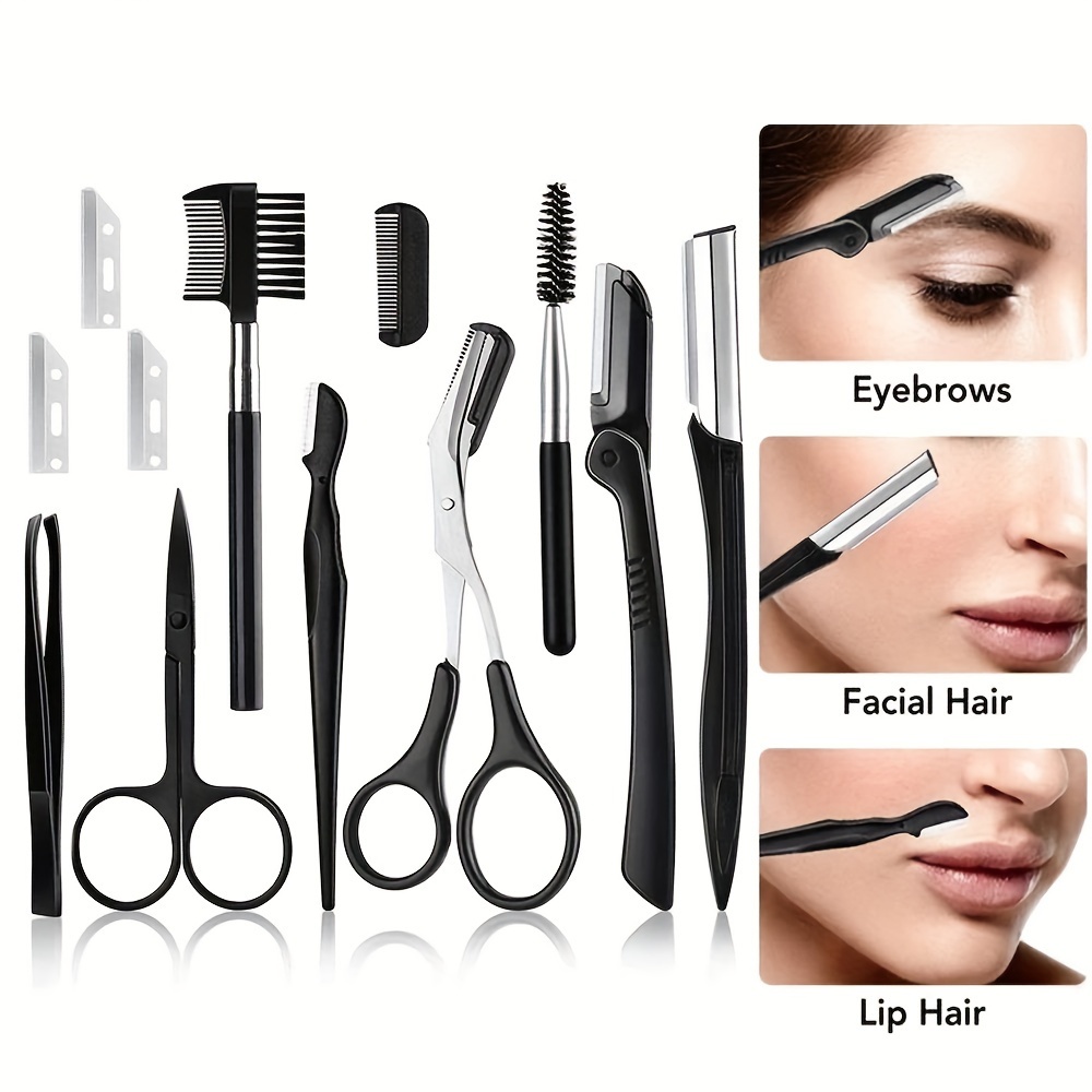 

12pcs Eyebrow Grooming Kit - Stainless Steel Eyebrow Trimmer Set With Ambidextrous Scissors, Razor, Tweezers, Brush, Comb For Facial Hair Unscented