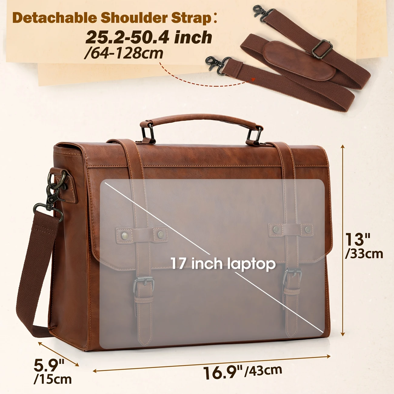 mens messenger bag 17 inch vintage pu leather laptop briefcase large laptop bag satchel bag computer shoulder bag for office business travel college brown details 0