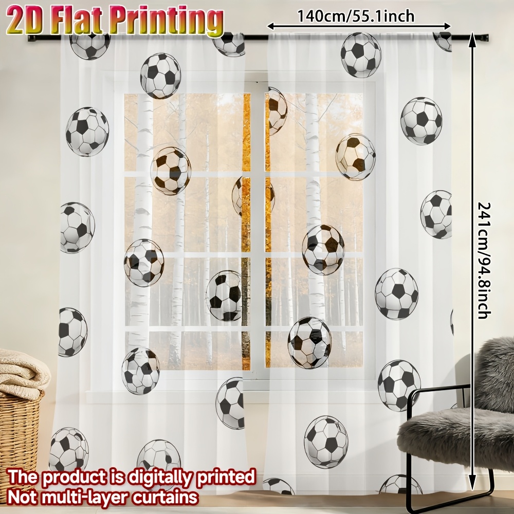 TEMU 2D Plat, 2pcs Rideau Transparent avec Impression 2D de Ballon de Football sur Fond Blanc, Idéal pour Bureau, Cuisine, Salon, Chambre et Salle à