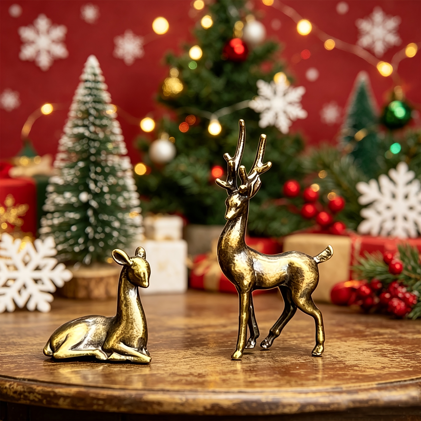 TEMU 2 Vintage Deer Figurines - Brass Micro-carved Craft - Moss Planter Aquarium Mini Landscape Decor, Christmas Figurines