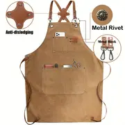 1pc polyester canvas work apron adjustable cross back chef apron with metal rivet and hooks anti dislodging pockets for men women 500g m woven fabric for cooking kitchen bbq artist details 0