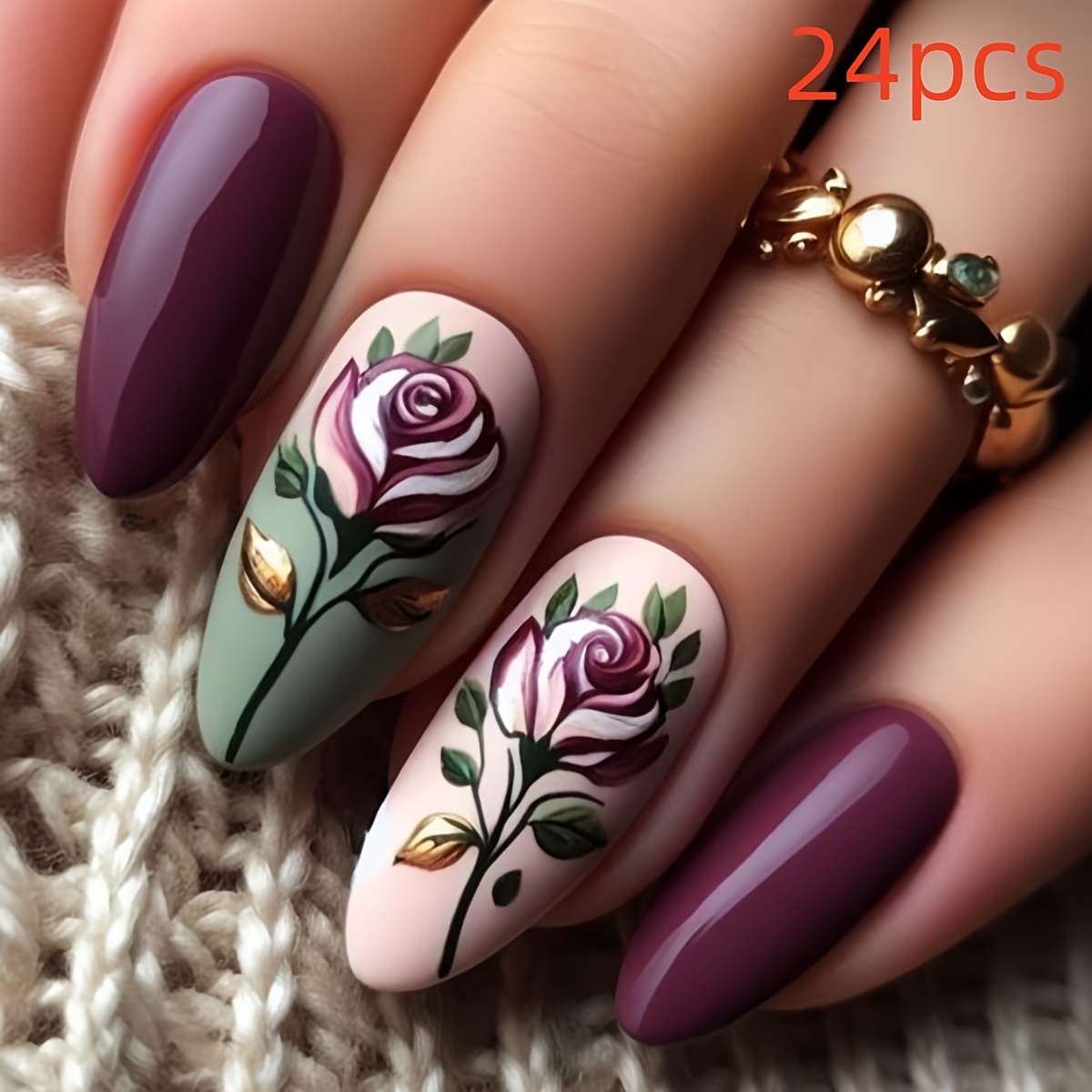 

24pcs Shaped Press On Nails With Rose Pattern - , Medium Length, Artificial Nail Set For Women, Daily And Party Wear With Jelly Glue And Nail File Included