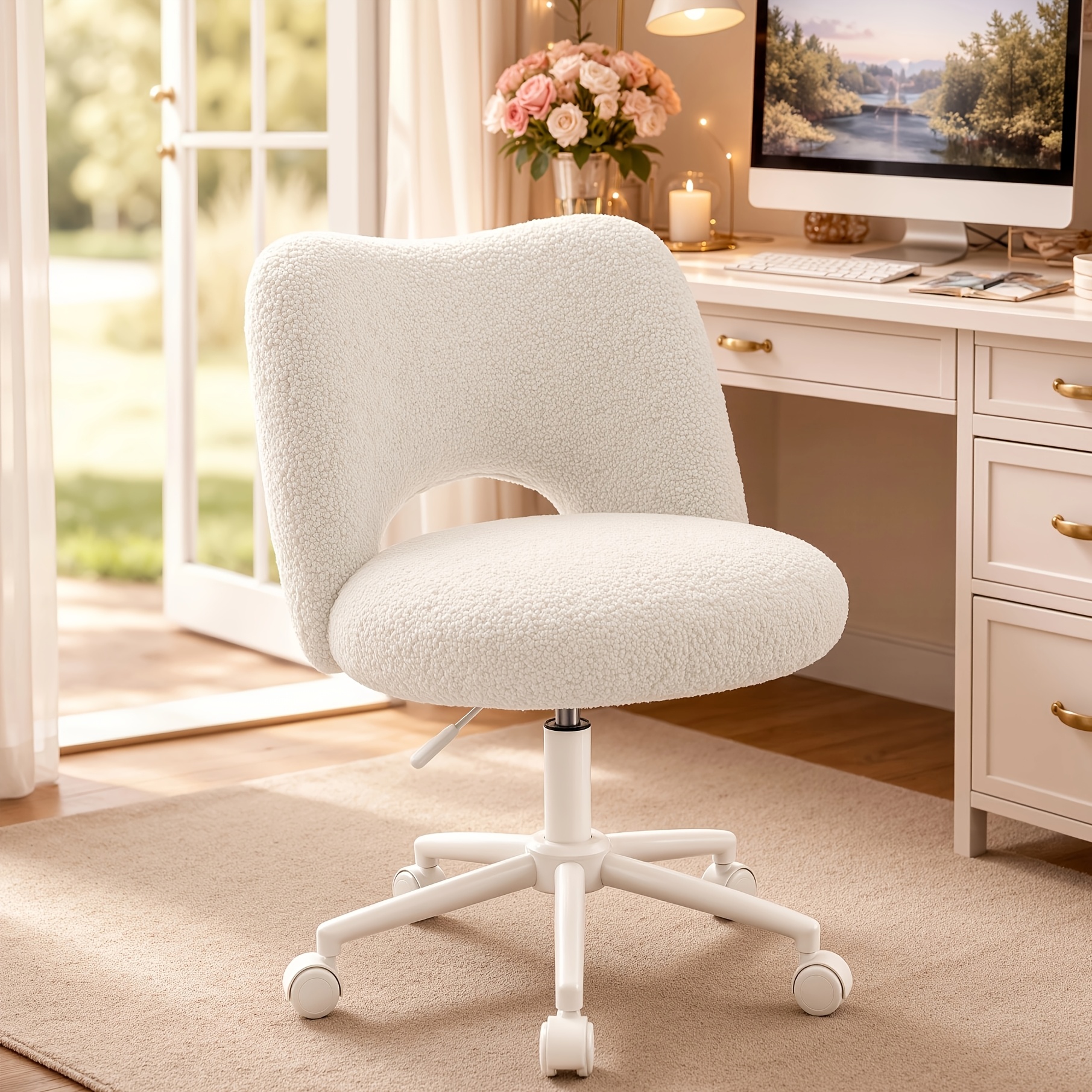 Image of Klyvvo Rolling Desk Chair, Makeup Chair Featuring Breathable Teddy Fabric, Adjustable Height, Ideal For Office, Home, Family Gift, Supports Up To 150 Kg, In Pink, White, And Grey