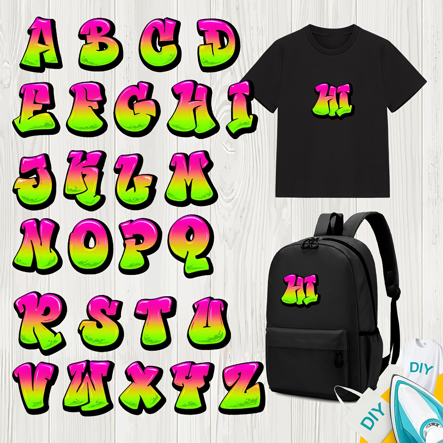 A-z , Graffiti Style, Iron-on Stickers, Heat Transfer Designs, Printed On Clothing, Pillows, Backpacks, And Other Textiles, Washable And Fade-resistant.