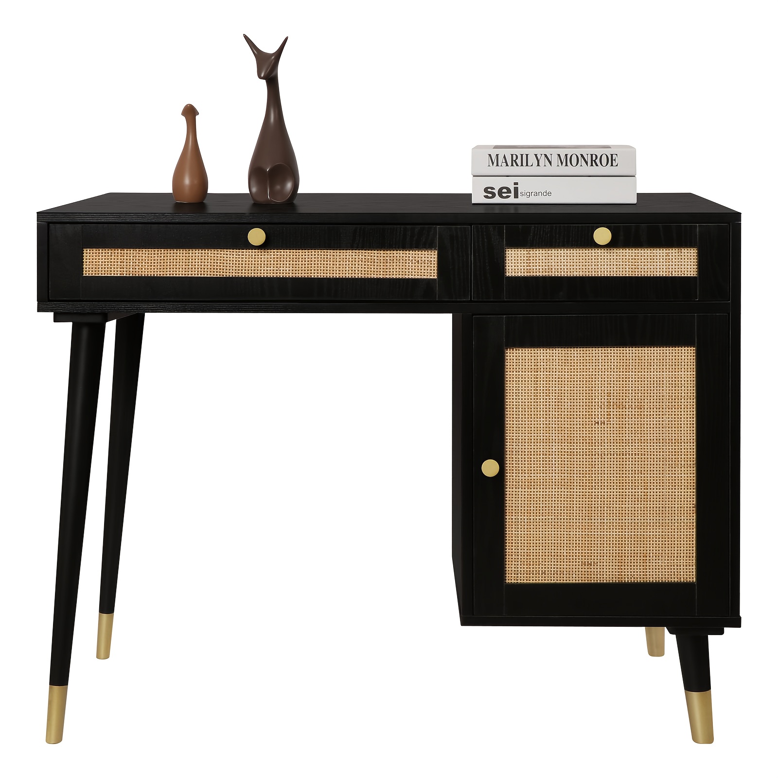 Yvsevnr Rattan Vanity Desk WithDrawers and Storage, Black Make up Vanity Table Modern Home Office Desk Computer Desk for Bedroom Study D0005