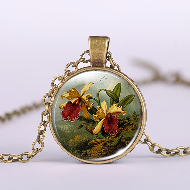 TEMU Confezione da 1 pezzo, collana a catena classica in metallo marrone con in vetro e motivo . Collana con ciondolo con un'orchidea gialla, rossi e