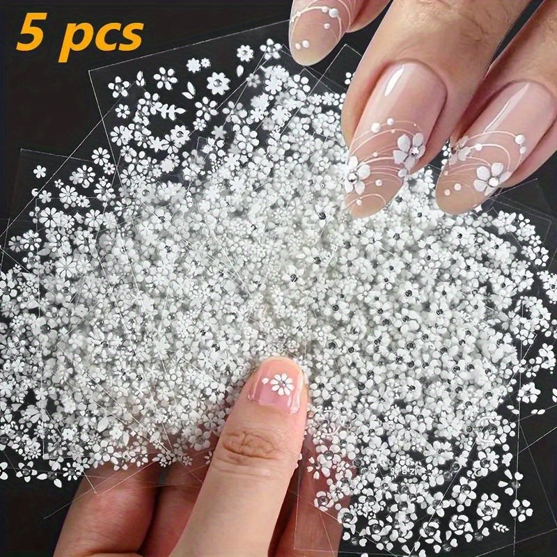 5 Sheets Random Mixed Styles White 3d Daisy Floral Nail Stickers - Holographic Self-adhesive Nail Decals With Vine Leaves, Glossy Plastic Nail Art, Women Pedicure Manicure Additions, Shiny Effect