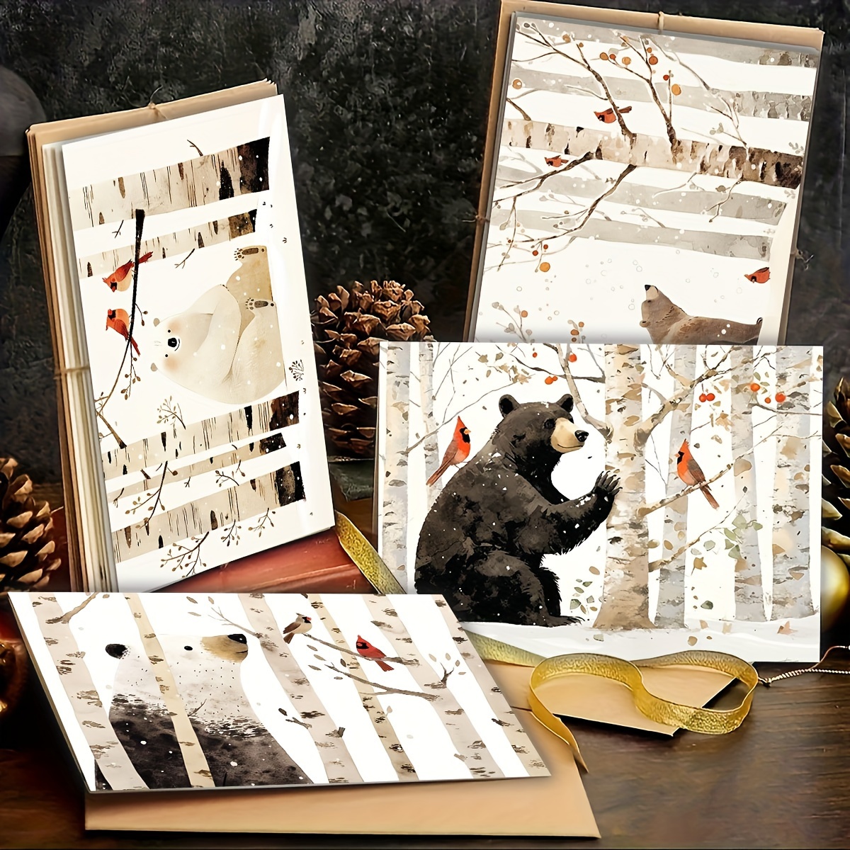 

1set/6pcs Christmas Watercolor Bear And Pattern Greeting 9*13cm/3.54*5.11in 18*13cm/7.08*5.11in Writing Greeting , Christmas Greeting Set Greeting Writing