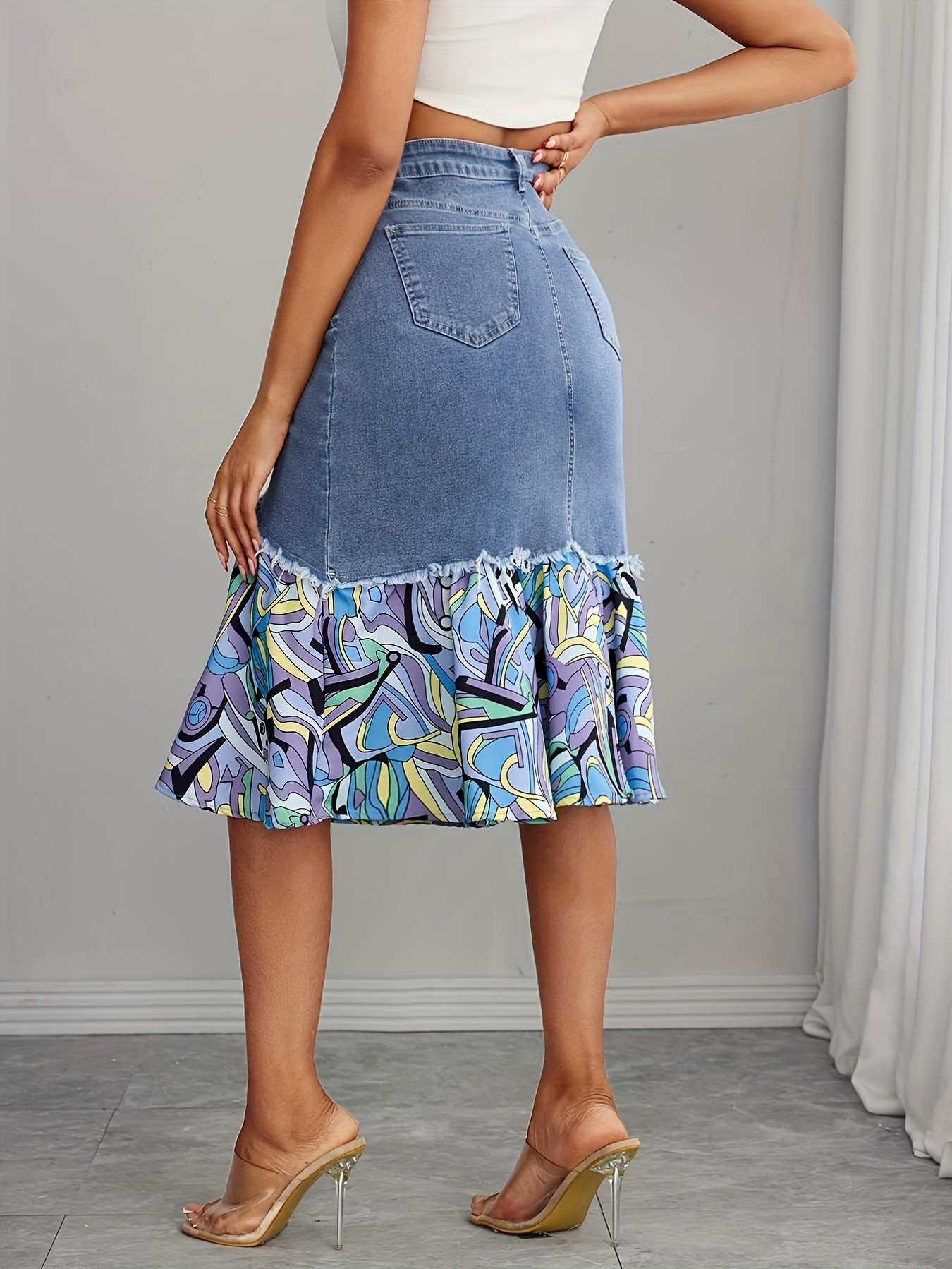 vintage stretch denim midi skirt chiffon overlay unique Temu - Main Image