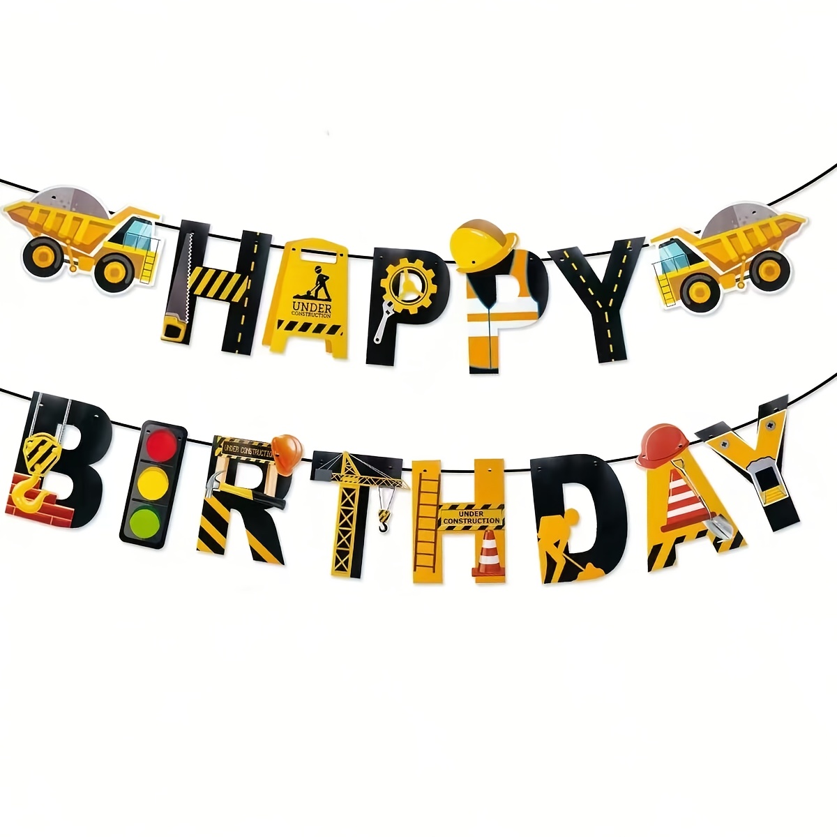 Happy Birthday Banner With A Construction Vehicle Theme, Perfect For A Party Atmosphere And Essential For Birthday Decorations