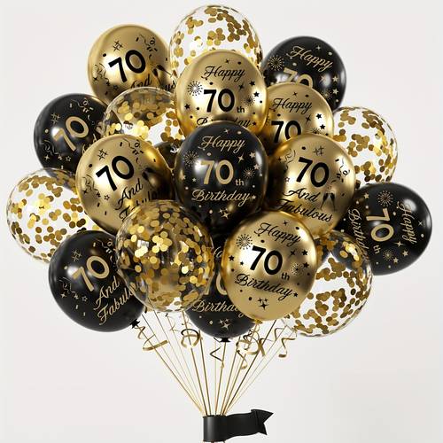 31 stk., 18, 30, , 50, , 65, 70 trykte latexballoner, sort og , pailletbesat latexballonsæt, 18, 30, , 50, , 65, 70-års fødsels festballoner, kugle, jubilæum, dannelsesfestdekorationer, dimissionsceremoni, dannelsesfest, ungkarlsfest, fars dekorationer, nytårsdekorationer
