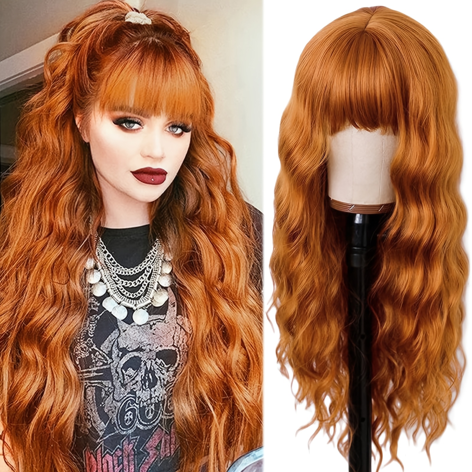 TEMU Realistic Deep Wave Wig With Bangs - Looking Long Curly Hair For Christmas Parties, New Year Events & Daily Wear | Soft Comfortable Durable Hairpiece (suitable For All Light Beige Tones)