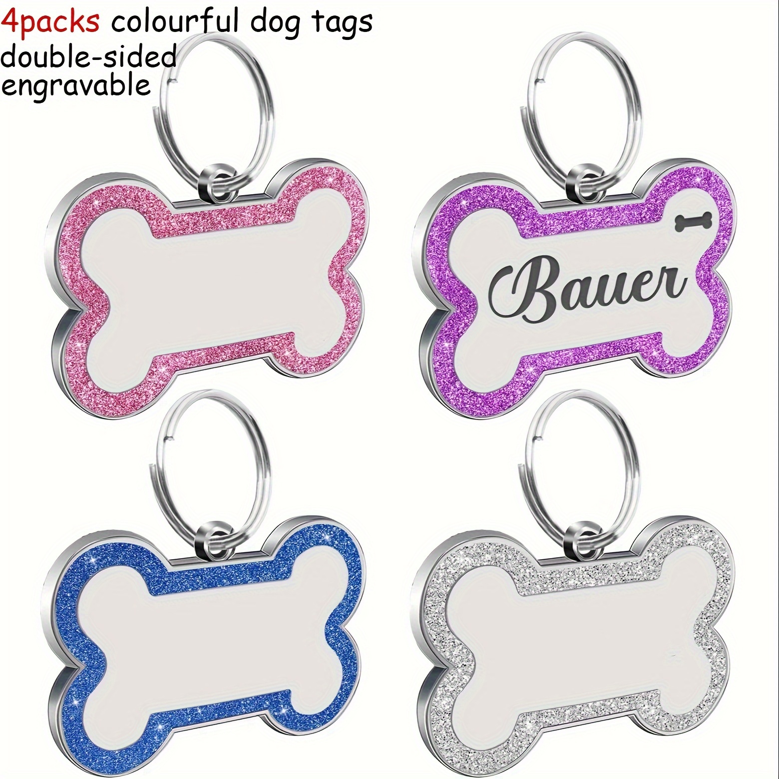 

4 Pack Engravable Zinc Alloy Bone-shaped Dog Tags With Glitter - Personalizable Pet Id Tags, Blank Puppy Name Charms For Collars