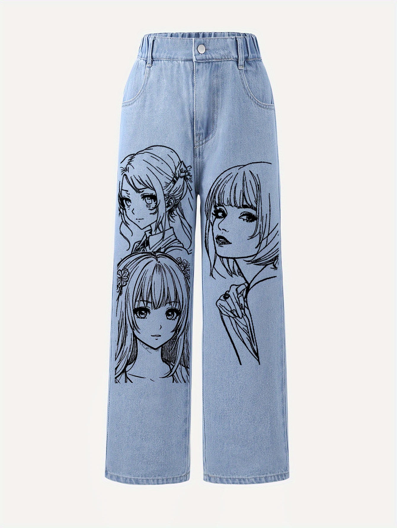 Anime Style Girls Denim Trousers Comic Girl Sketch Pattern - Temu