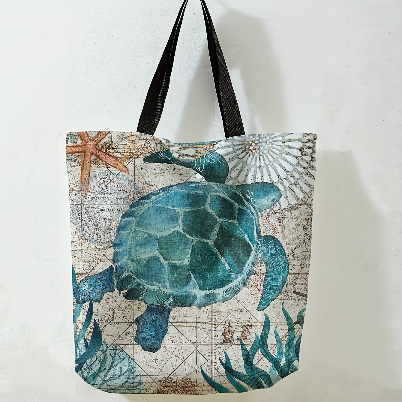 TEMU Sea Pattern Tote Bag, Aesthetic School Shoulder Bag, Lightweight Grocery Shopping Bag, Travel Beach Bag