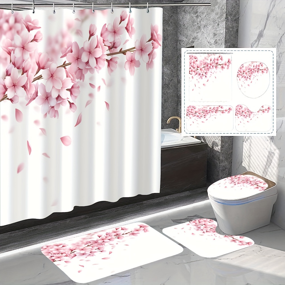 

1/4pcs Pink Cherry Blossom Pattern Shower Curtain Set, Shower Curtain With 12 Hooks, Non-slip Bath Mat, U-shaped Toilet Mat, Toilet Mat, Bathroom Accessories, Home Decor