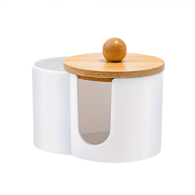2-in-1 -one Swab Box With Wooden Lid Makeup Pad Storage Box Desktop Makeup Storage Box With Lid Double Hole Round Combination Storage Jar